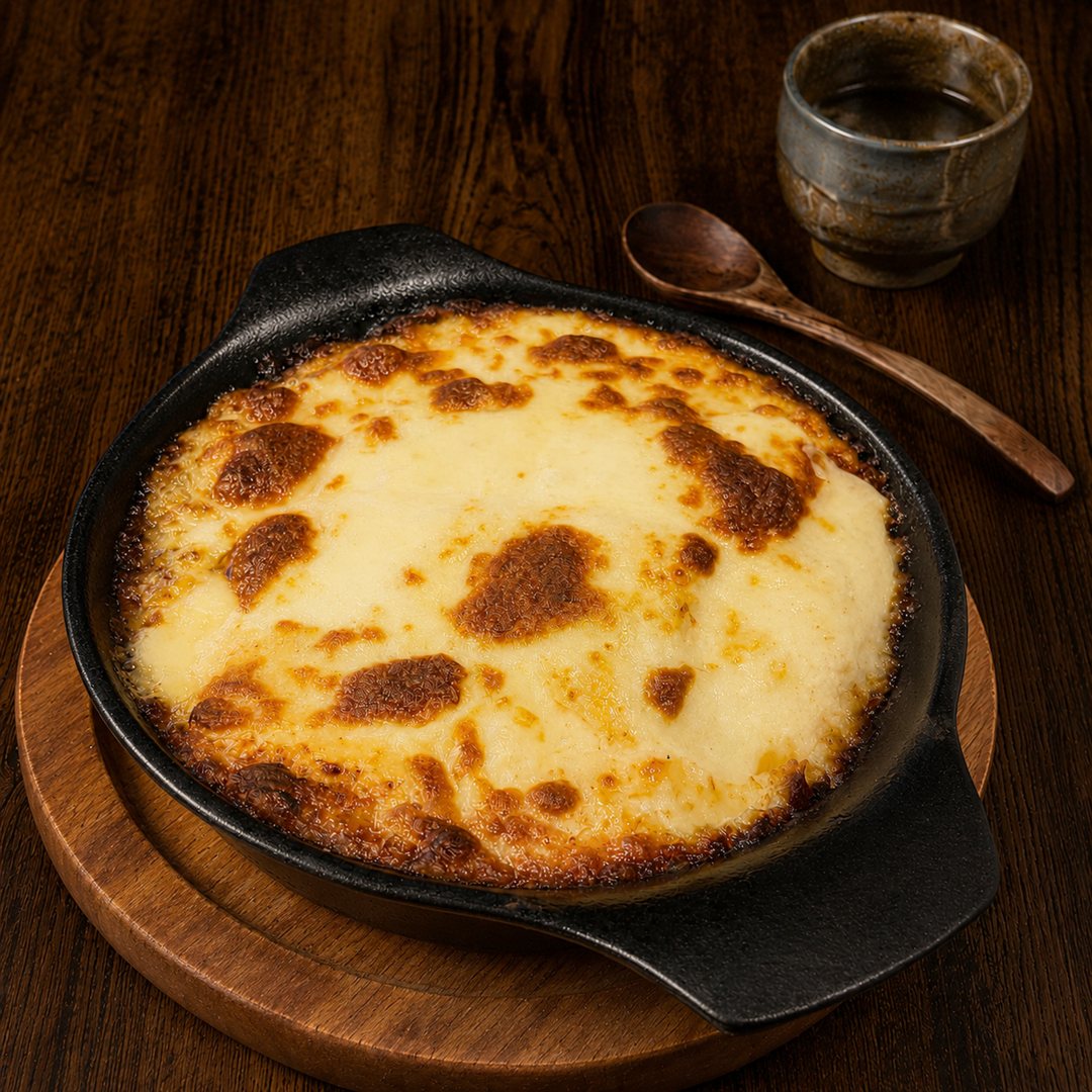 Cheesy baked dish bubbling in a cast-iron skillet