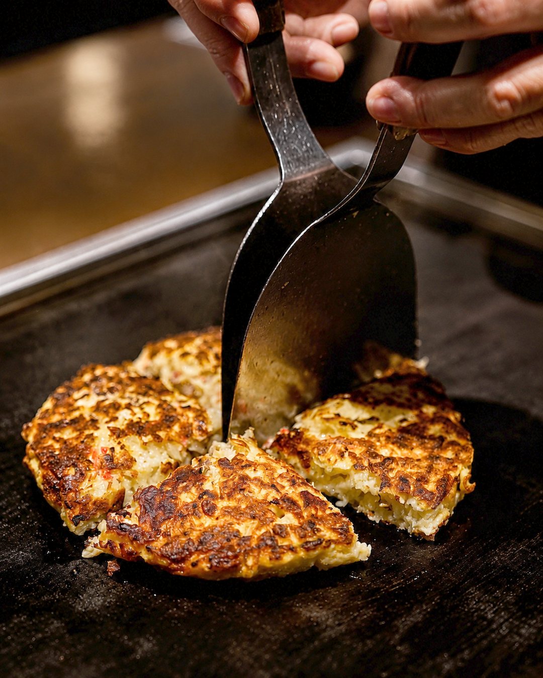 Okonomiyaki cut into portions with teppan spatulas