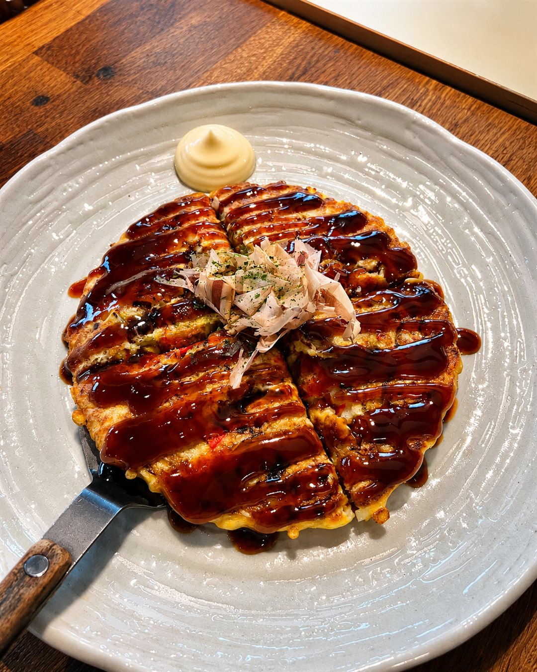 Plated okonomiyaki with sauce, mayonnaise and bonito flakes